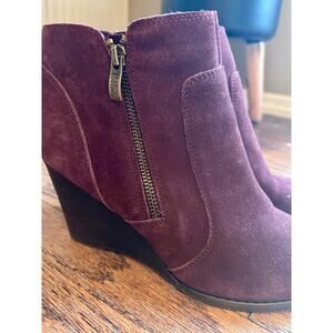 Plum Suede Wedge Ankle Booties – Side Zip – Size 10